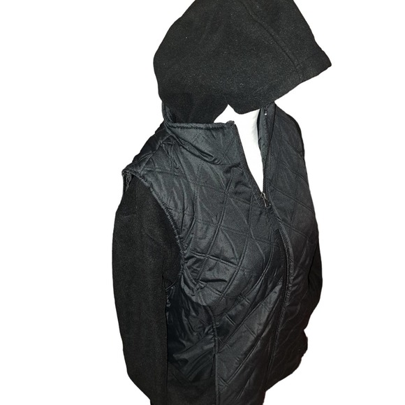 NIB-Med Denim&Co Black Quilted Zip Front Vest Removable Fleece Hoodie - Picture 1 of 9
